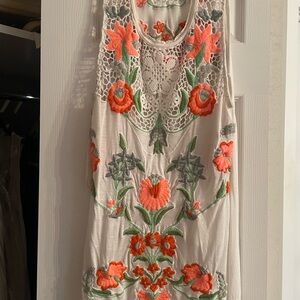 Free People Floral Embroidered Tank Top - Cream and Orange